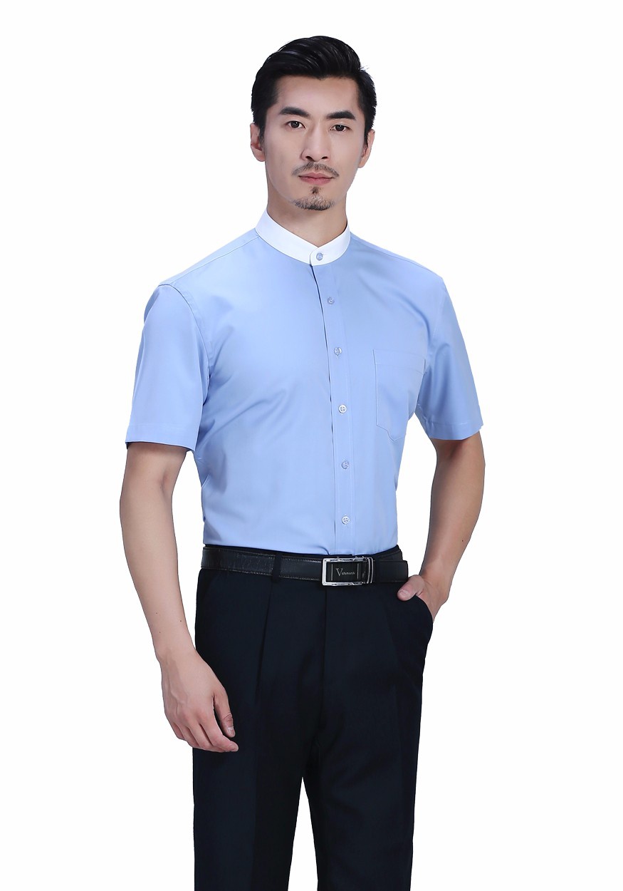 立领蓝色拼色短袖衬衫